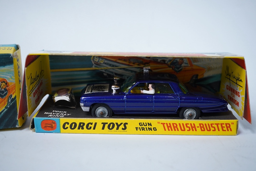 A boxed Corgi Toys (497) Man From Uncle boxed Thrush-Buster, Oldsmobile super 88, together with the Waverly ring, and inner card display stand. Condition - good.